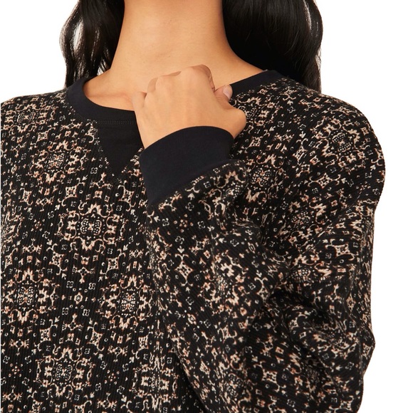 Free People Black Floral Thermal Top Early Night Oversized Cotton Size Small - Picture 6 of 11